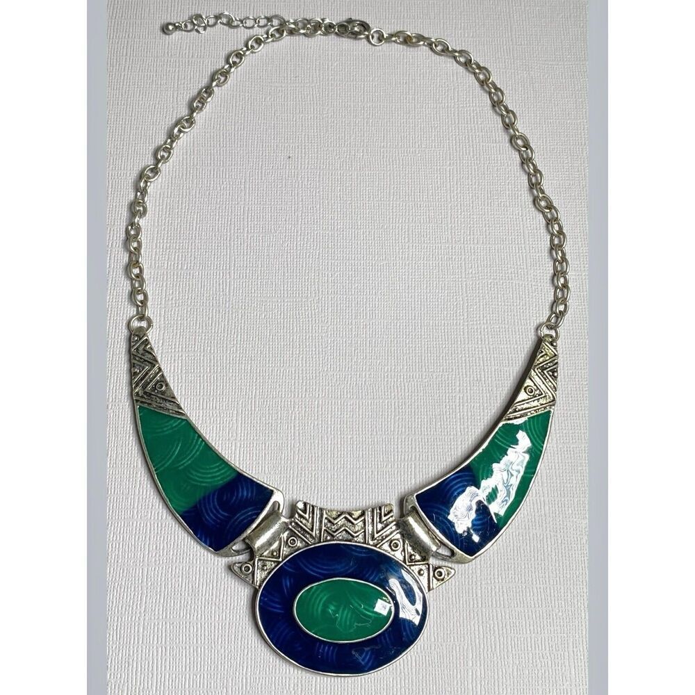 Tribal Statement Necklace Blue Green Enamel Linked Metal Panels Silver Tone Bib